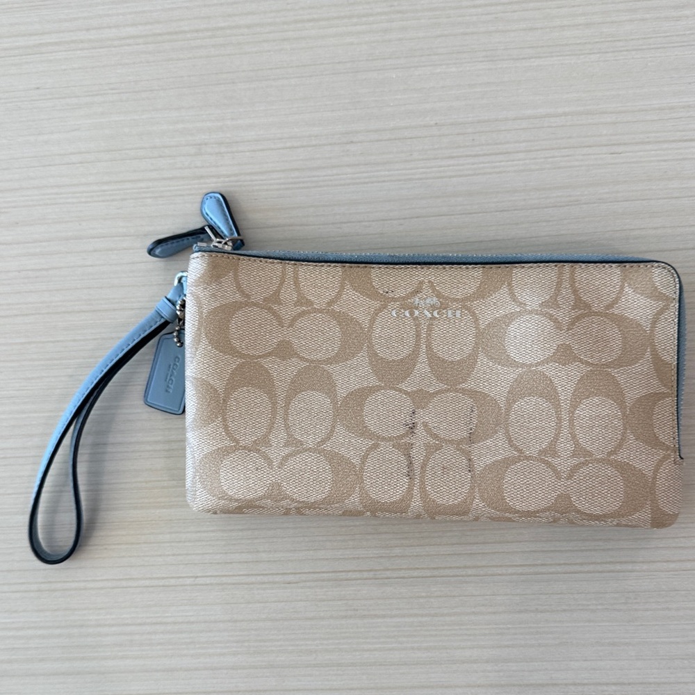 Coach Tan and Blue Signature Wristlet
